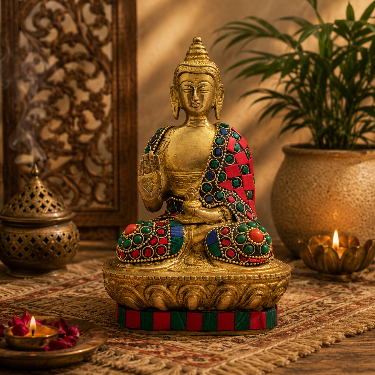 पीतल रत्न जड़ित कार्य ध्यानस्थ बुद्ध प्रतिमा घर और सजावट के लिए, वज़न 1.1 किलोग्राम, ऊँचाई 18 सेंटीमीटर