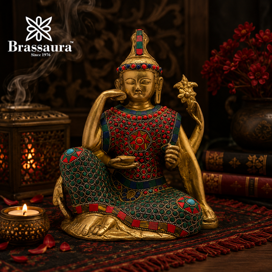 Brassaura® Brass Gem Stone Work Buddha Stand Idol for Home Decor | Pure Superfine Brass Handcrafted Murti | Brass Statue for Home Temple, Pooja Room | Height 9.84 Inches | Weight 4.3 Kg