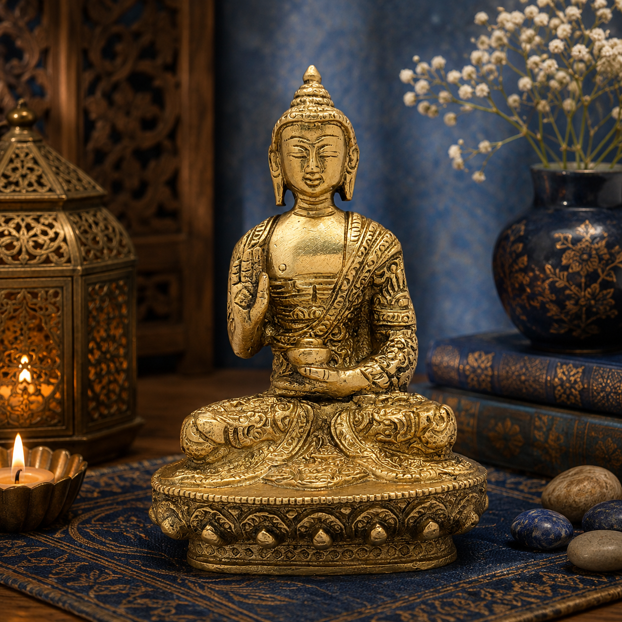 Brassaura® Brass Meditative Buddha Idol for Home Decor | Pure Superfine Brass Handcrafted Murti | Brass Statue for Home Temple, Pooja Room | Height 4.72 Inches | Weight 0.65 Kg