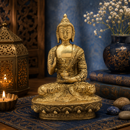 Brassaura® Brass Meditative Buddha Idol for Home Decor | Pure Superfine Brass Handcrafted Murti | Brass Statue for Home Temple, Pooja Room | Height 4.72 Inches | Weight 0.65 Kg