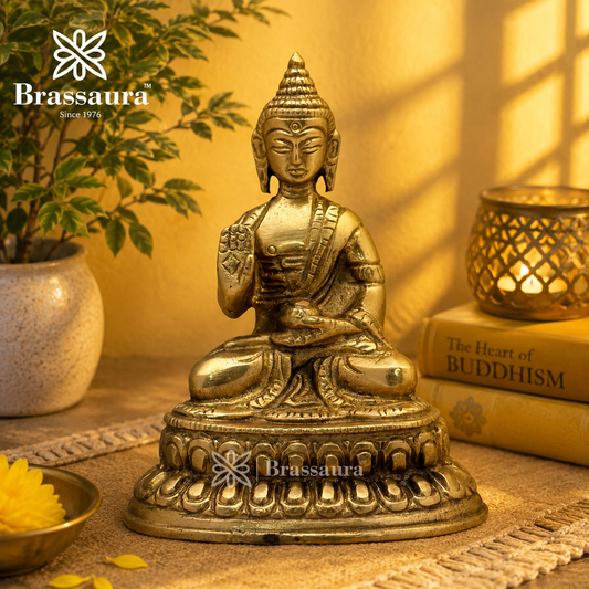Brassaura® Brass Meditative Buddha Idol for Home Decor | Pure Superfine Brass Handcrafted Murti | Brass Statue for Home Temple, Pooja Room | Height 3.94 Inches | Weight 0.4 Kg