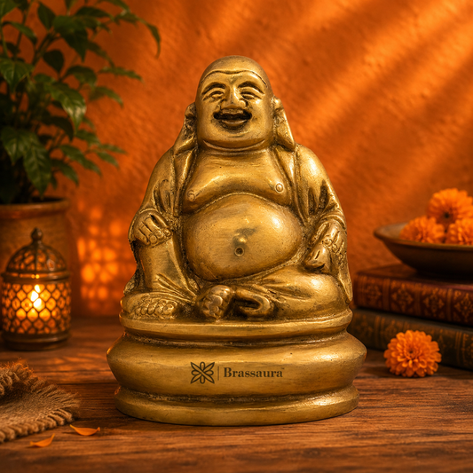 Brassaura® Brass Laughing Buddha Idol for Home Decor | Pure Superfine Brass Handcrafted Murti | Brass Statue for Home Temple, Pooja Room | Height 3.54 Inches | Weight 0.45 Kg