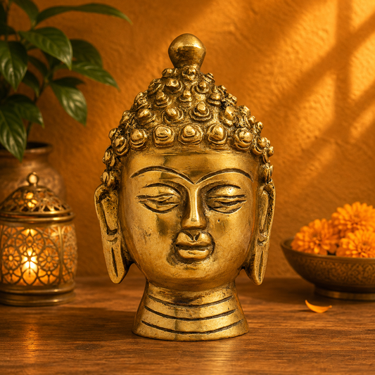 Brassaura® Brass Buddha Head Idol for Home Decor | Pure Superfine Brass Handcrafted Murti | Brass Statue for Home Temple, Pooja Room | Height 3.15 Inches | Weight 0.3 Kg