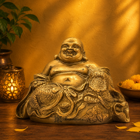 Brassaura® Brass Laughing Buddha Idol for Home Decor | Pure Superfine Brass Handcrafted Murti | Brass Statue for Home Temple, Pooja Room | Height 3.94 Inches | Weight 1.3 Kg