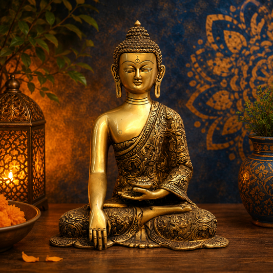 Brassaura® Antique Brass Meditating Buddha Idol | Pure Superfine Brass Handcrafted Murti | Brass Statue for Home Temple, Pooja Room | Height 11 Inches | Weight 3.4 Kg