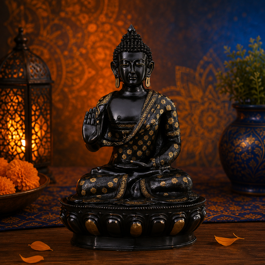 Brassaura® Black Patina Buddha Statue with Floral Work | Pure Superfine Brass Handcrafted Murti | Brass Statue for Home Temple, Pooja Room | Height 46 Inches | Weight 88.5 Kg