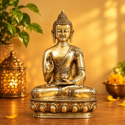Brassaura® Artistic Superfine Brass Buddha Sitting on Lotus | Pure Superfine Brass Handcrafted Murti | Brass Statue for Home Temple, Pooja Room | Height 12 Inches | Weight 3.9 Kg