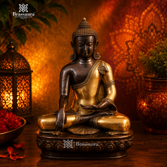 Brassaura® Black and Gold Artistic Brass Buddha Statue | Pure Superfine Brass Handcrafted Murti | Brass Statue for Home Temple, Pooja Room | Height 22 Inches | Weight 21.8 Kg