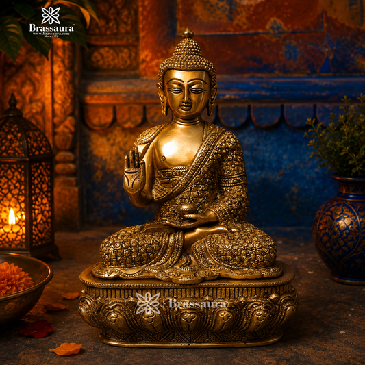 Brassaura® Blessed Buddha Statue in Brass | Pure Superfine Brass Handcrafted Murti | Brass Statue for Home Temple, Pooja Room | Height 11 Inches | Weight 2.97 Kg