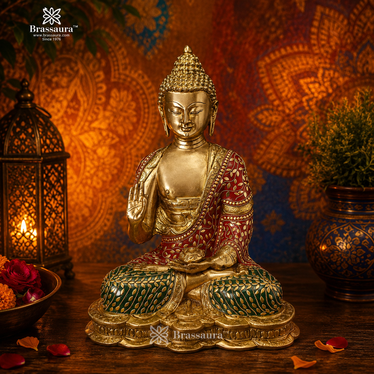 Brassaura® Buddha with Colourful Stone Inlay | Pure Superfine Brass Handcrafted Murti | Brass Statue for Home Temple, Pooja Room | Height 13 Inches | Weight 6.7 Kg