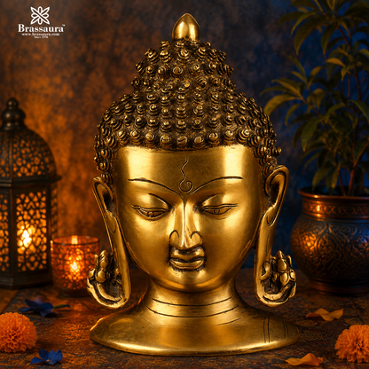 Brassaura® Golden Buddha Head | Pure Superfine Brass Handcrafted Murti | Brass Statue for Home Temple, Pooja Room | Height 8.5 Inches | Weight 1.8 Kg
