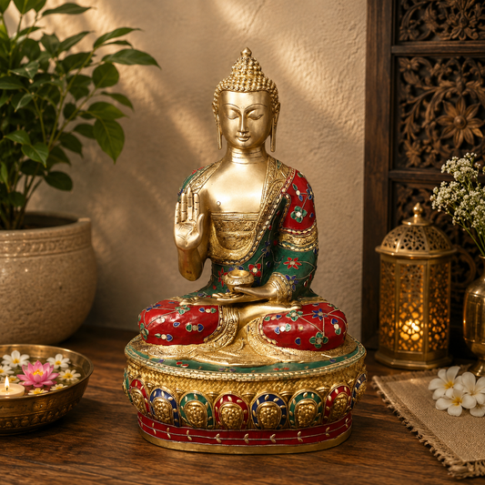 Brassaura® Brass Buddha with Colourful Stone Inlay – Pure Superfine Brass Handcrafted Murti, Brass Statue for Home Temple, Pooja Room – 20.5 Inch, 18.9 Kg
