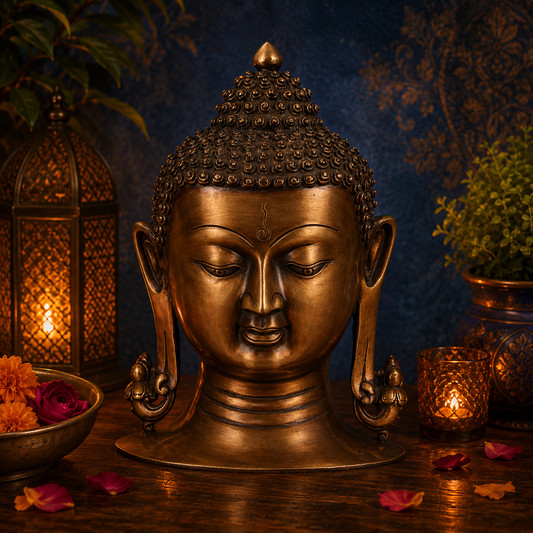 Brassaura® Copper Gold Buddha Head | Pure Superfine Brass Handcrafted Murti | Brass Statue for Home Temple, Pooja Room | Height 11 Inches | Weight 3.1 Kg