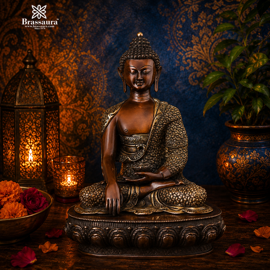 Brassaura® Buddha Brass Statue in Wood Finish Patina | Pure Superfine Brass Handcrafted Murti | Brass Statue for Home Temple, Pooja Room | Height 17 Inches | Weight 11.2 Kg