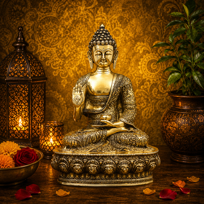 Brassaura® Buddha Handcrafted Brass Statue | Pure Superfine Brass Handcrafted Murti | Brass Statue for Home Temple, Pooja Room | Height 12.5 Inches | Weight 4.12 Kg