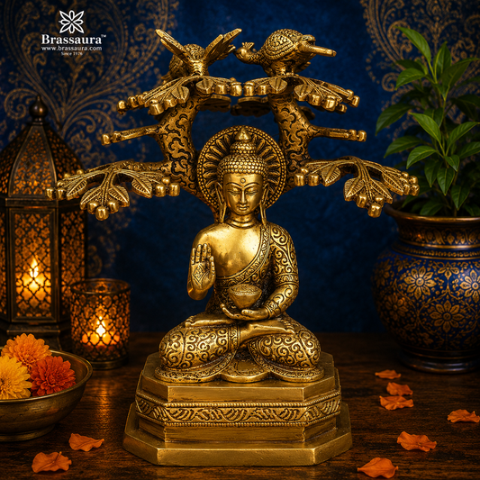 Brassaura® Buddha Statue with Tree and Peacock | Pure Superfine Brass Handcrafted Murti | Brass Statue for Home Temple, Pooja Room | Height 9 Inches | Weight 3.3 Kg