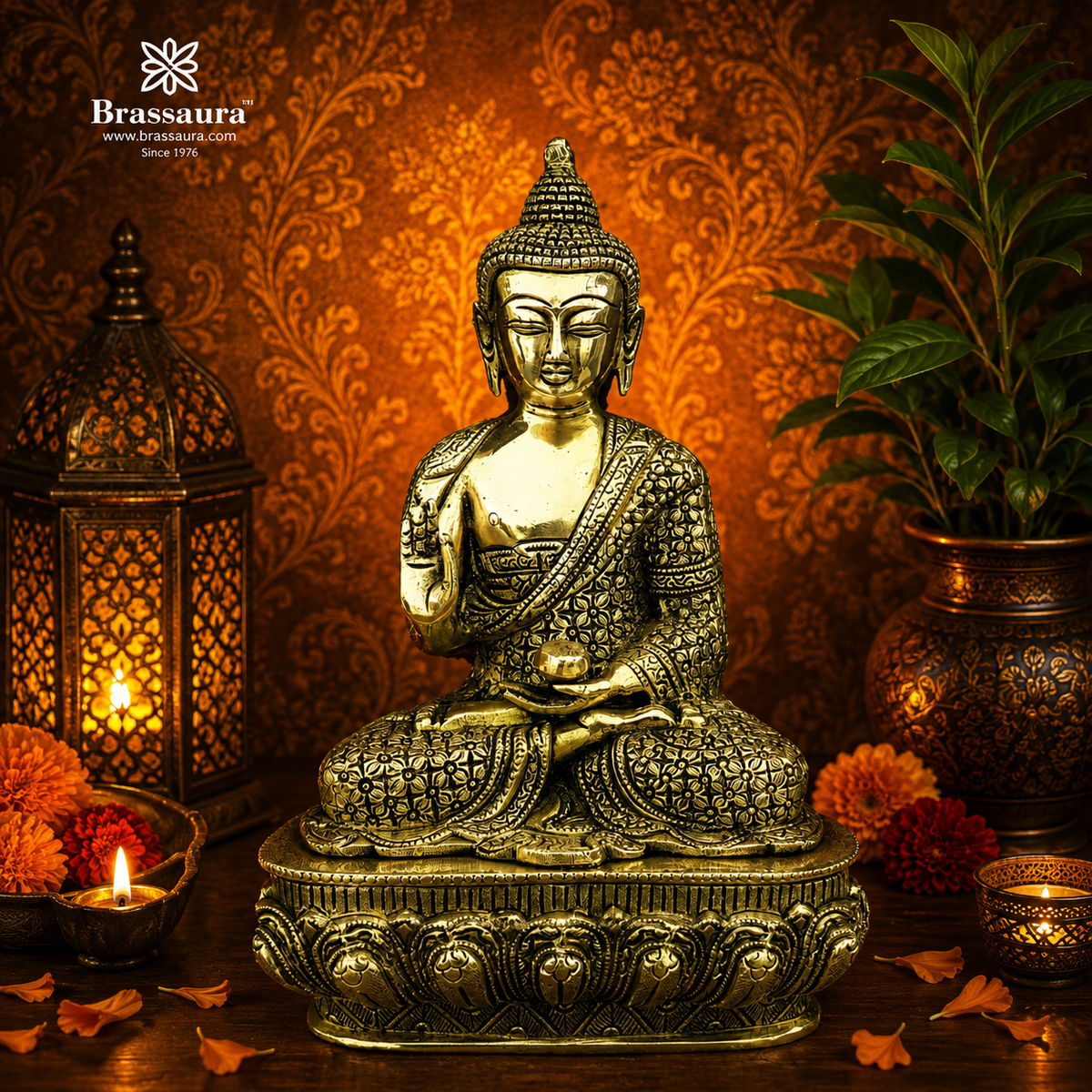 Brassaura® Charcoal and Golden Brass Meditative Buddha | Pure Superfine Brass Handcrafted Murti | Brass Statue for Home Temple, Pooja Room | Height 10 Inches | Weight 3.55 Kg