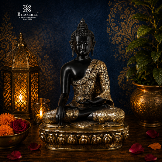 Brassaura® Black and Gold Brass Meditative Buddha | Pure Superfine Brass Handcrafted Murti | Brass Statue for Home Temple, Pooja Room | Height 22 Inches | Weight 23.6 Kg