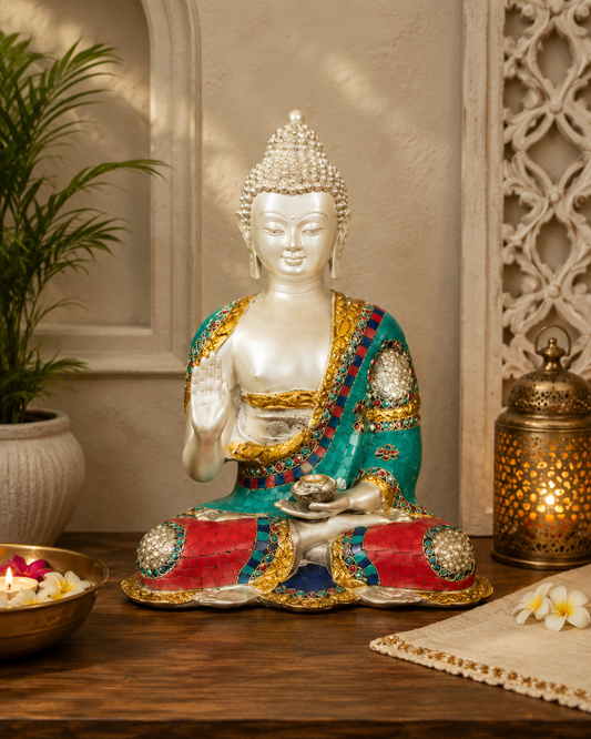 Brassaura® Brass Buddha Statue with Multicolor Robe Detailing for Home Décor – Pure Superfine Brass Handcrafted Murti – Height 13.75 Inches – Weight 7.2 Kg