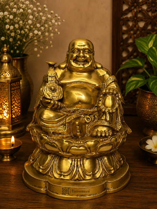 Brassaura® Buddha Idol with Intricate Lotus Base & Antique Gold Brass Finish | Pure Superfine Brass Handcrafted Murti | Brass Statue for Home Temple, Pooja Room | Height 8.3 Inches | Weight 4.5 Kgs