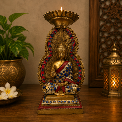 Brassaura® Brass Gem Stone Work Buddha Statue Idol for Home Decor | Pure Superfine Brass Handcrafted Murti | Brass Statue for Home Temple, Pooja Room | Height 11.8 inches | Weight 3.95 Kg