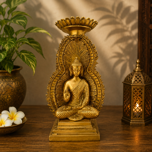 Brassaura® Brass Gem Stone Work Buddha Statue Idol for Home Decor | Pure Superfine Brass Handcrafted Murti | Brass Statue for Home Temple, Pooja Room | Height 11.8 inches | Weight 3.95 Kg