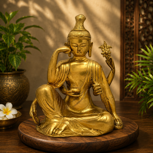 Brassaura® Brass Buddha Vitarka Statue Golden Idol for Home Decor | Pure Superfine Brass Handcrafted Murti | Brass Statue for Home Temple, Pooja Room | Height 9.84 Inches | Weight 3.95 Kg