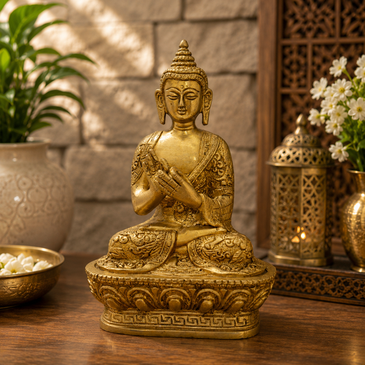 Brassaura® Brass Buddha Vitarka Statue Golden Idol for Home Decor | Pure Superfine Brass Handcrafted Murti | Brass Statue for Home Temple, Pooja Room | Height 7.09 Inches | Weight 1.15 Kg