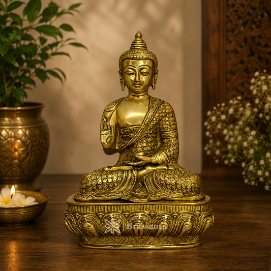 Brassaura® Brass Golden Buddha Chowki Statue for Home Decor | Pure Superfine Brass Handcrafted Murti | Brass Statue for Home Temple, Pooja Room | Height 10.24 Inches | Weight 3.5 Kg