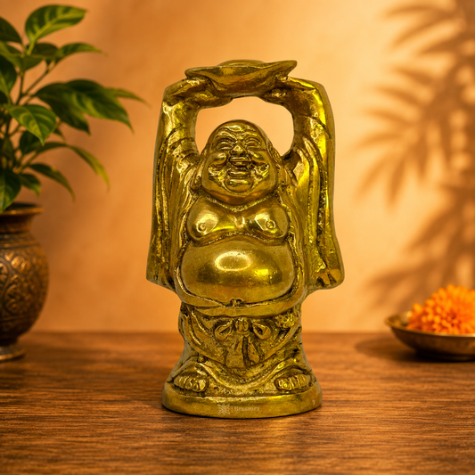 Brassaura® Brass Golden Standing Buddha Statue for Home Decor | Pure Superfine Brass Handcrafted Murti | Brass Statue for Home Temple, Pooja Room | Height 3.94 Inches | Weight 400 g