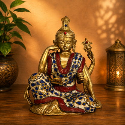 Brassaura® Brass Gem Stone Work Buddha Statue for Home Decor | Pure Superfine Brass Handcrafted Murti | Brass Statue for Home Temple, Pooja Room | Height 9.45 Inches | Weight 4.4 Kg