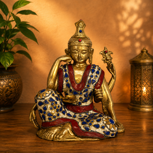 Brassaura® Brass Gem Stone Work Buddha Statue for Home Decor | Pure Superfine Brass Handcrafted Murti | Brass Statue for Home Temple, Pooja Room | Height 9.45 Inches | Weight 4.4 Kg