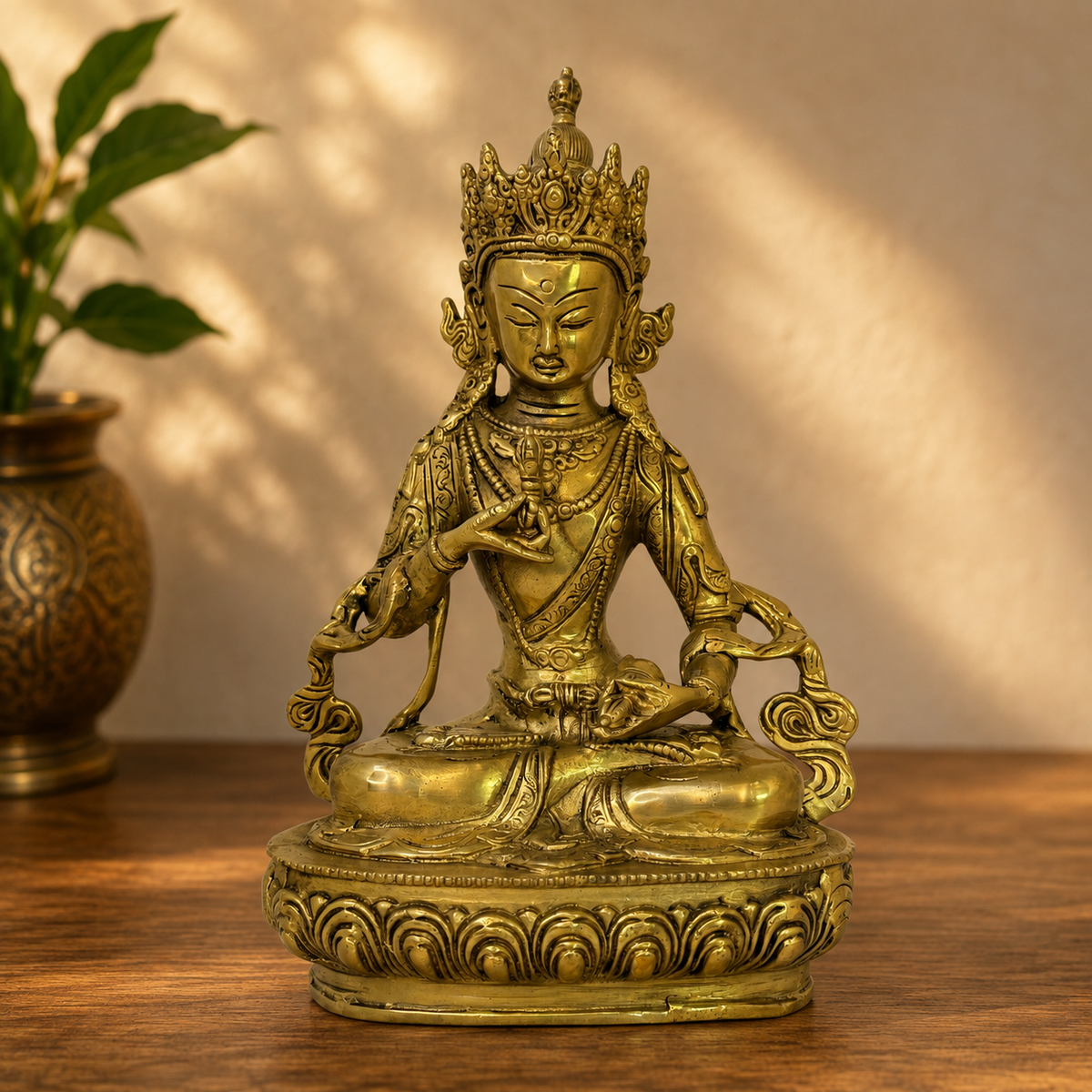Brassaura® Brass Golden Dorje Bell Buddha Sculpture Statue for Home Decor | Pure Superfine Brass Handcrafted Murti | Brass Statue for Home Temple, Pooja Room | Height 10.63 Inches | Weight 2.85 Kg