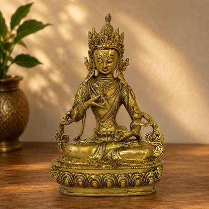 Brassaura® Brass Golden Dorje Bell Buddha Sculpture Statue for Home Decor | Pure Superfine Brass Handcrafted Murti | Brass Statue for Home Temple, Pooja Room | Height 10.63 Inches | Weight 2.85 Kg