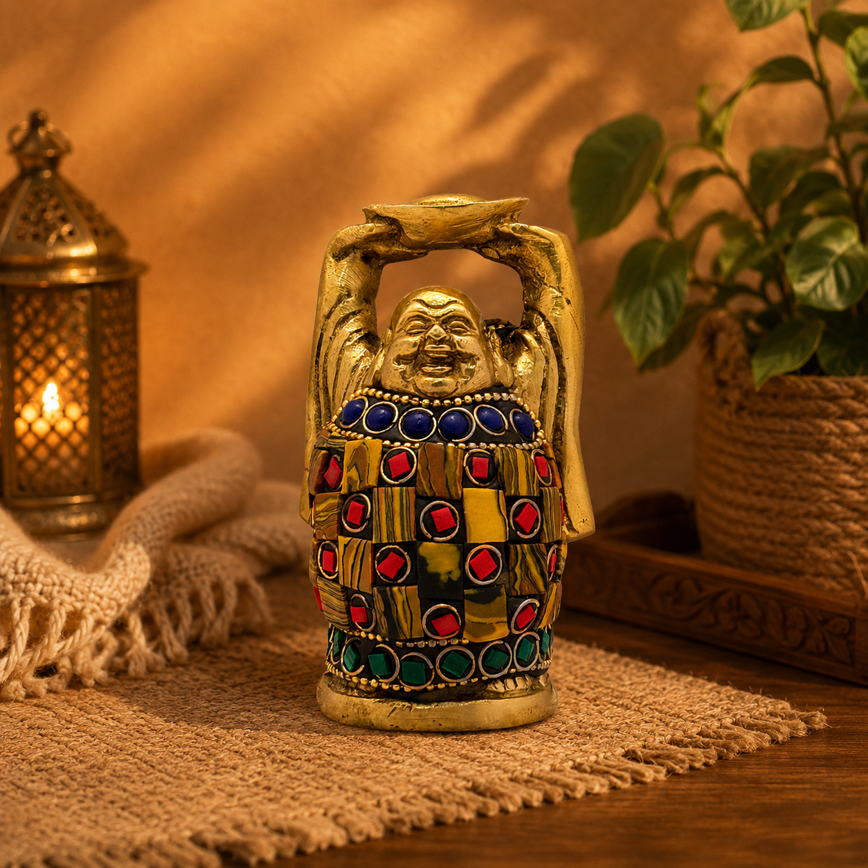 Brassaura® Brass Gem Stone Work Standing Buddha Idol for Home Decor | Pure Superfine Brass Handcrafted Murti | Brass Statue for Home Temple, Pooja Room | Height 3.54 Inches | Weight 0.5 Kg