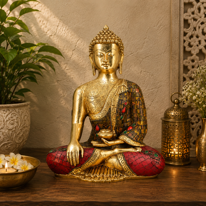 Brassaura® Gem Stone Work Buddha Vitarka Statue for Home Décor | Pure Superfine Brass Handcrafted Murti, Brass Statue for Home Temple, Pooja Room | Height 12 Inches | Weight 6 Kg