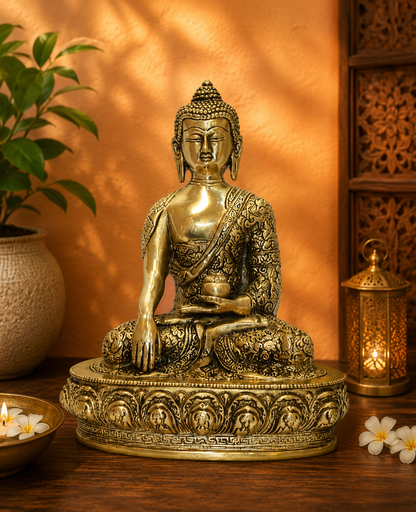 पीतल की बुद्ध वितर्क प्रतिमा, सुनहरा रंग, वज़न 2.67 किलोग्राम, ऊँचाई 15 से.मी.