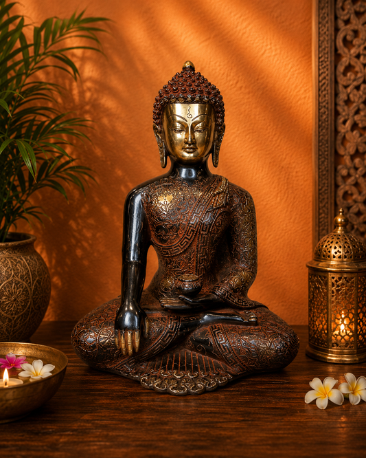 Brassaura® Black Buddha Idol for Home Décor | Pure Superfine Brass Handcrafted Murti, Brass Statue for Home Temple, Pooja Room | Height 12 Inches | Weight 5.7 Kg