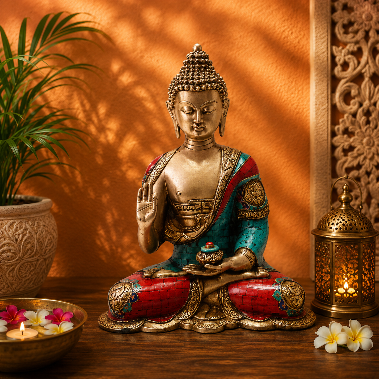 Brassaura® Gem Stone Work Buddha Idol for Home & Décor | Pure Superfine Brass Handcrafted Murti, Brass Statue for Home Temple, Pooja Room | Height 14 Inches | Weight 7 Kg