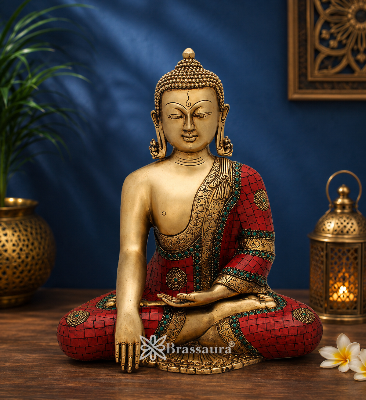 Brassaura® Artistic Gem Stone Work Buddha Idol for Home & Décor | Pure Superfine Brass Handcrafted Murti, Brass Statue for Home Temple, Pooja Room | Height 15 Inches | Weight 11 Kg