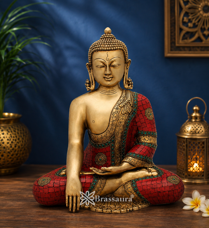 Brassaura® Artistic Gem Stone Work Buddha Idol for Home & Décor | Pure Superfine Brass Handcrafted Murti, Brass Statue for Home Temple, Pooja Room | Height 15 Inches | Weight 11 Kg