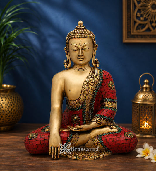 Brassaura® Artistic Gem Stone Work Buddha Idol for Home & Décor | Pure Superfine Brass Handcrafted Murti, Brass Statue for Home Temple, Pooja Room | Height 15 Inches | Weight 11 Kg