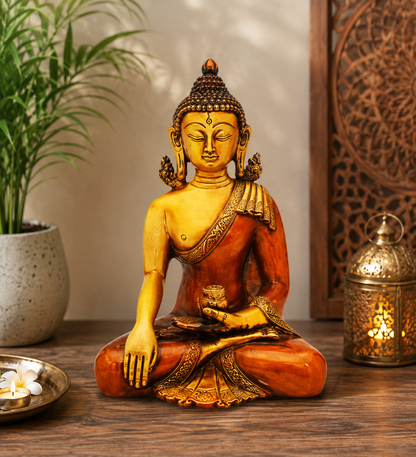 Brassaura® Antique Buddha Idol for Home & Décor | Pure Superfine Brass Handcrafted Murti, Brass Statue for Home Temple, Pooja Room | Height 6 Inches | Weight 1.3 Kg