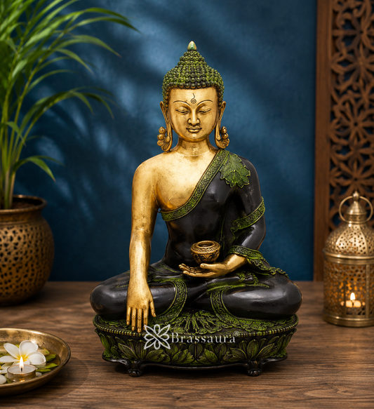 Brassaura® Antique Buddha Idol for Home & Décor | Pure Superfine Brass Handcrafted Murti, Brass Statue for Home Temple, Pooja Room | Height 16 Inches | Weight 9.7 Kg