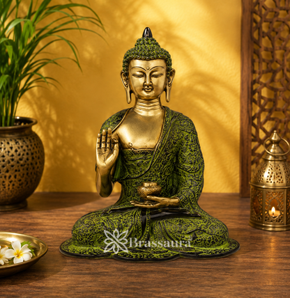 Brassaura® Vintage Buddha Idol for Home & Décor | Pure Superfine Brass Handcrafted Murti, Brass Statue for Home Temple, Pooja Room | Height 11 Inches | Weight 4.5 Kg