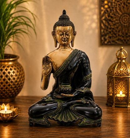 Brassaura® Brass Vintage Buddha Idol with Black Antique Finish – Pure Superfine Brass Handcrafted Murti, Brass Statue for Home Temple, Pooja Room – 11 Inch, 3.5 Kg