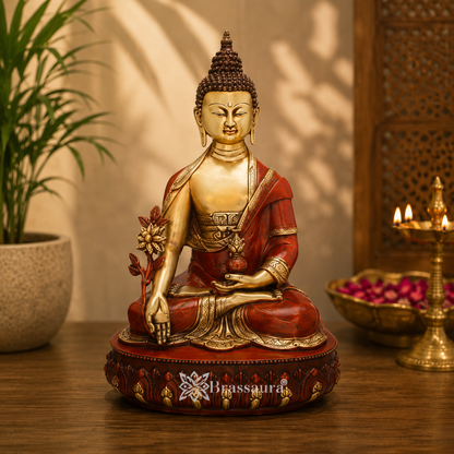Brassaura® Brass Classic Buddha Idol with Red Robe & Lotus in Seated Meditation Pose – Pure Superfine Brass Handcrafted Murti, Brass Statue for Home Temple, Pooja Room – 18 Inch, 9.6 Kg
