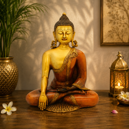 Brassaura® Brass Antique Buddha Idol in Seated Meditation Pose – Pure Superfine Brass Handcrafted Murti, Brass Statue for Home Temple, Pooja Room – 12 Inch, 6 Kg