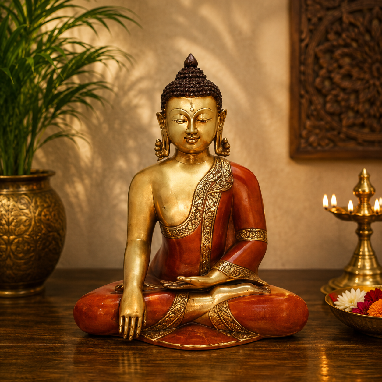 Brassaura® Brass Classic Buddha Idol with Red Robe in Seated Meditation Pose – Pure Superfine Brass Handcrafted Murti, Brass Statue for Home Temple, Pooja Room – 15 Inch, 10.6 Kg