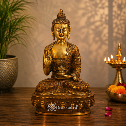Brassaura® Brass Classic Buddha Idol in Seated Meditation Pose – Pure Superfine Brass Handcrafted Murti, Brass Statue for Home Temple, Pooja Room – 8 Inch, 1.7 Kg